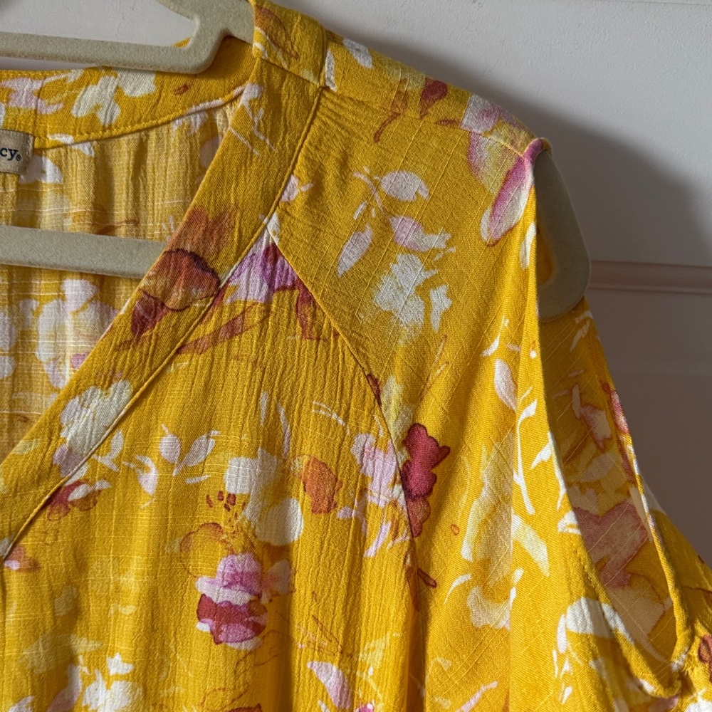 Democracy Mustard Yellow Floral Tie-Front Cold Shoulder Blouse L - Picture 4 of 11